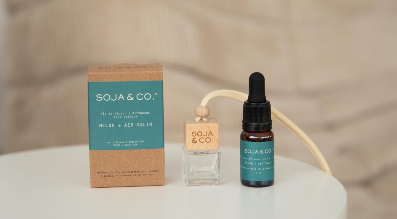 Diffuseur pour voiture SOJA&CO., au parfum Melon et Air salin, contenant de vitre réutilisable