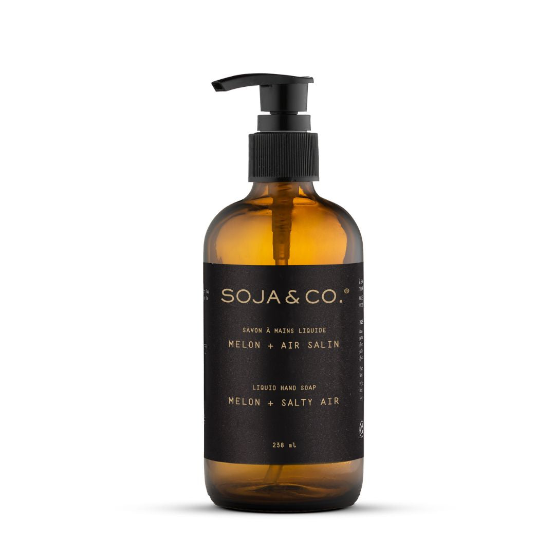 Savon à mains écologique et naturel SOJA&CO. au parfum Melon + Air Salin - contenant ambré réutilisable