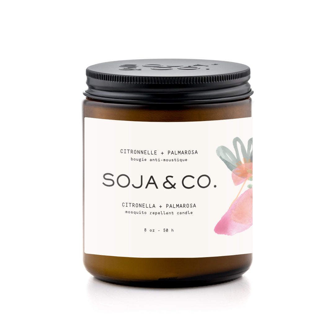 Chandelle en cire de soja SOJA&CO. citronnelle et palmarosa, pot ambré réutilisable de 8 oz