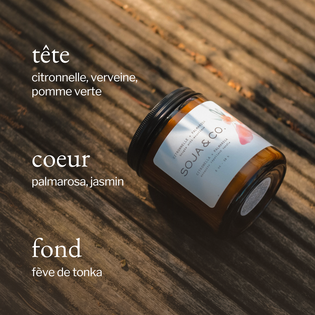 Chandelle en cire de soja SOJA&CO. citronnelle et palmarosa, pot ambré réutilisable de 8 oz