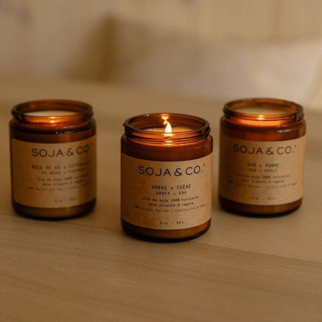 Chandelle de cire de soja naturelle SOJA&CO., pot ambré réutilisable