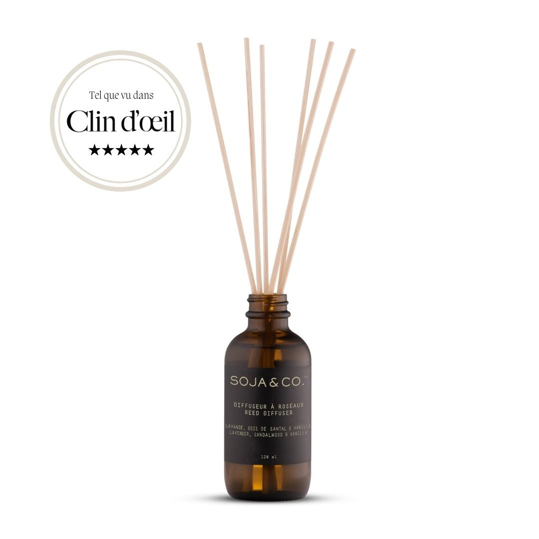 Diffuseur à roseaux SOJA&CO., au parfum lavande, bois de santal et vanille, pot ambré réutilisable