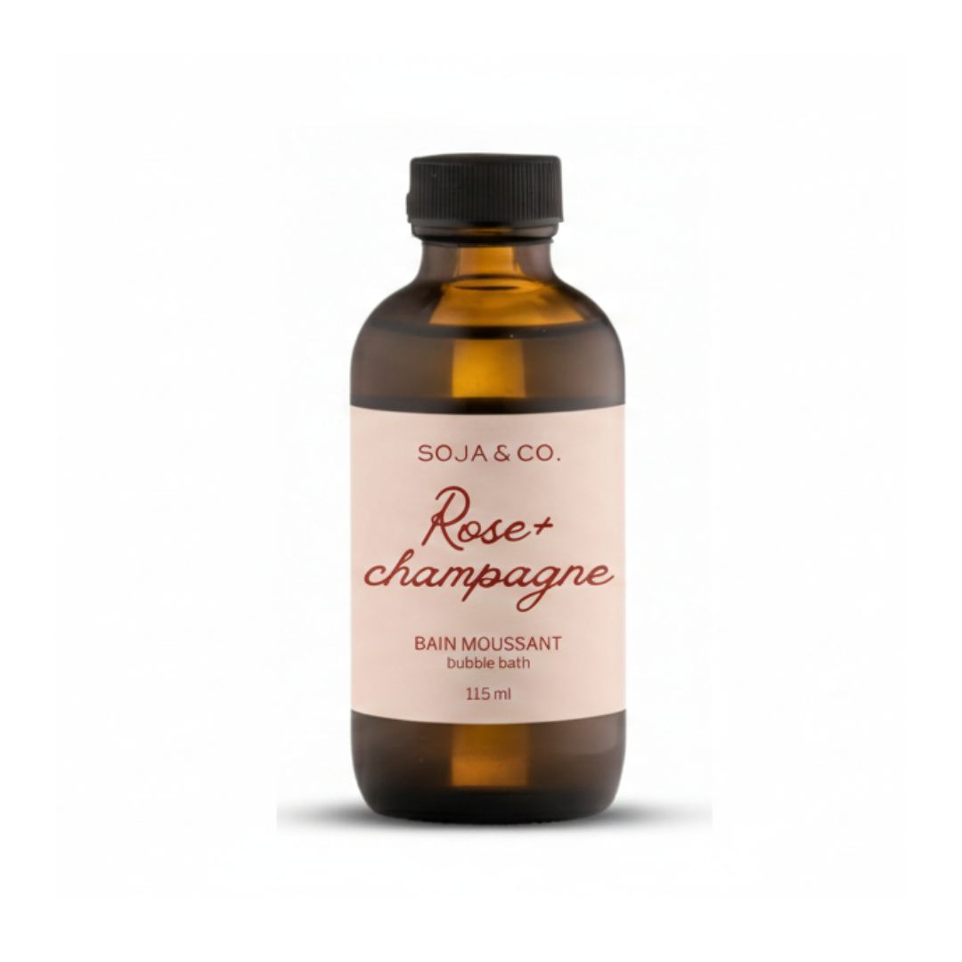 Bain moussant Rose et Champagne 115 ml dans un flacon.