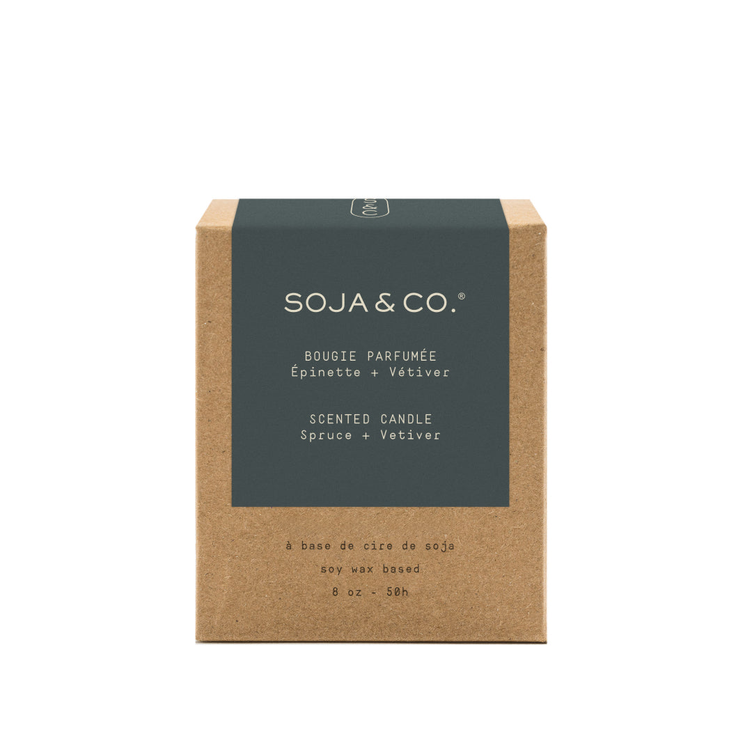 boîte de la bougie 8 oz épinette + vétiver SOJA&CO.