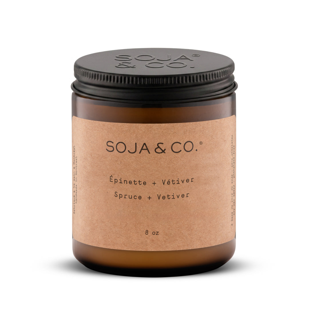 bougie 8 oz épinette + vétiver SOJA&CO.