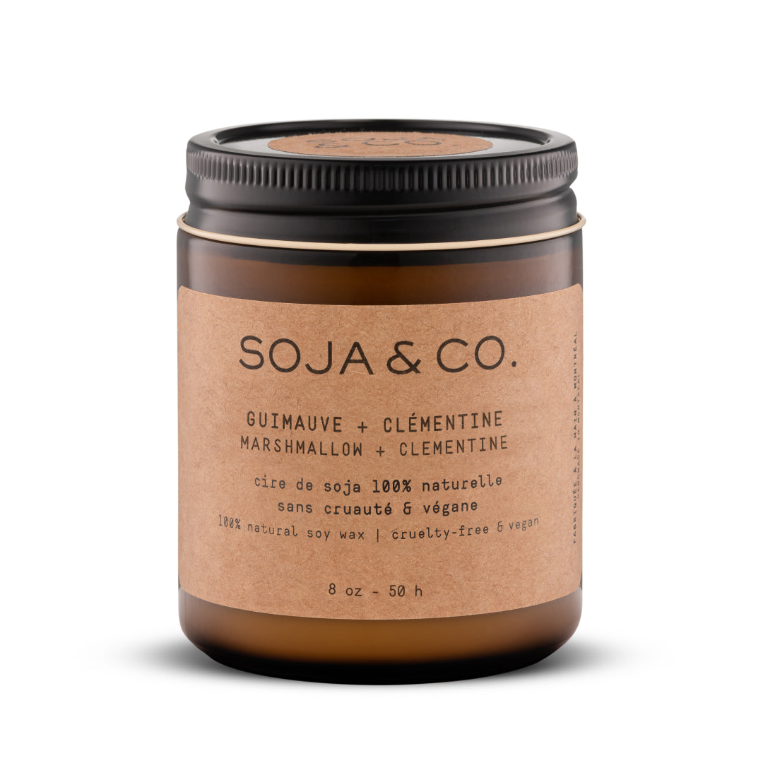 Chandelle de cire de soja naturelle SOJA&amp;CO., au parfum guimauve et clémentine, pot ambré réutilisable