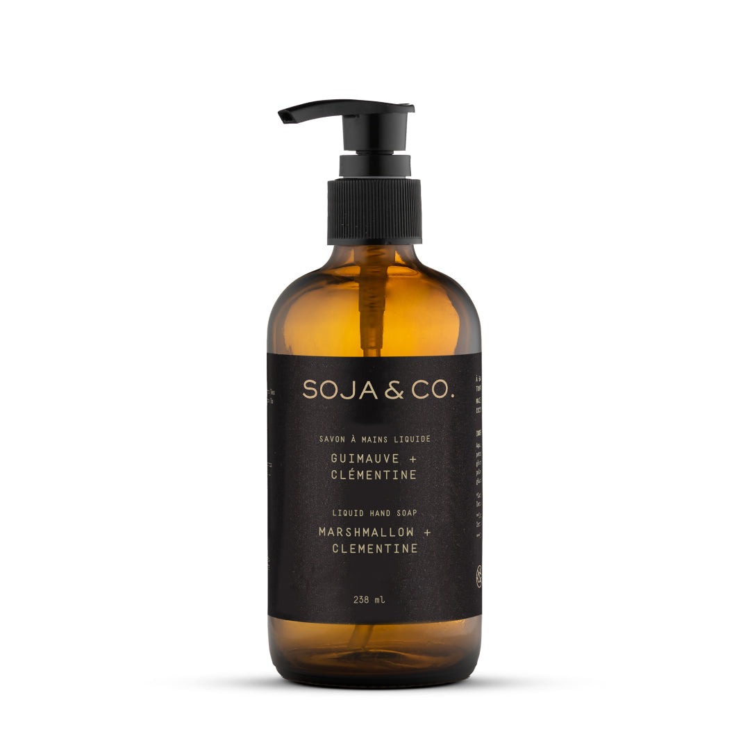 Savon à main SOJA&amp;CO., au parfum guimauve et clémentine, pot ambré réutilisable