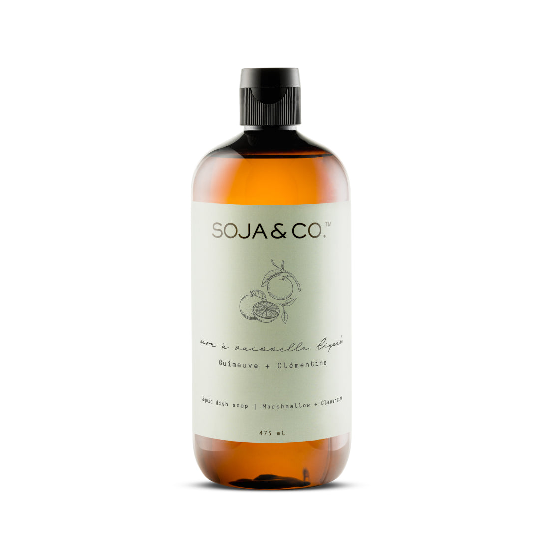 Savon à vaisselle SOJA&amp;CO., au parfum guimauve et clémentine, pot ambré réutilisable