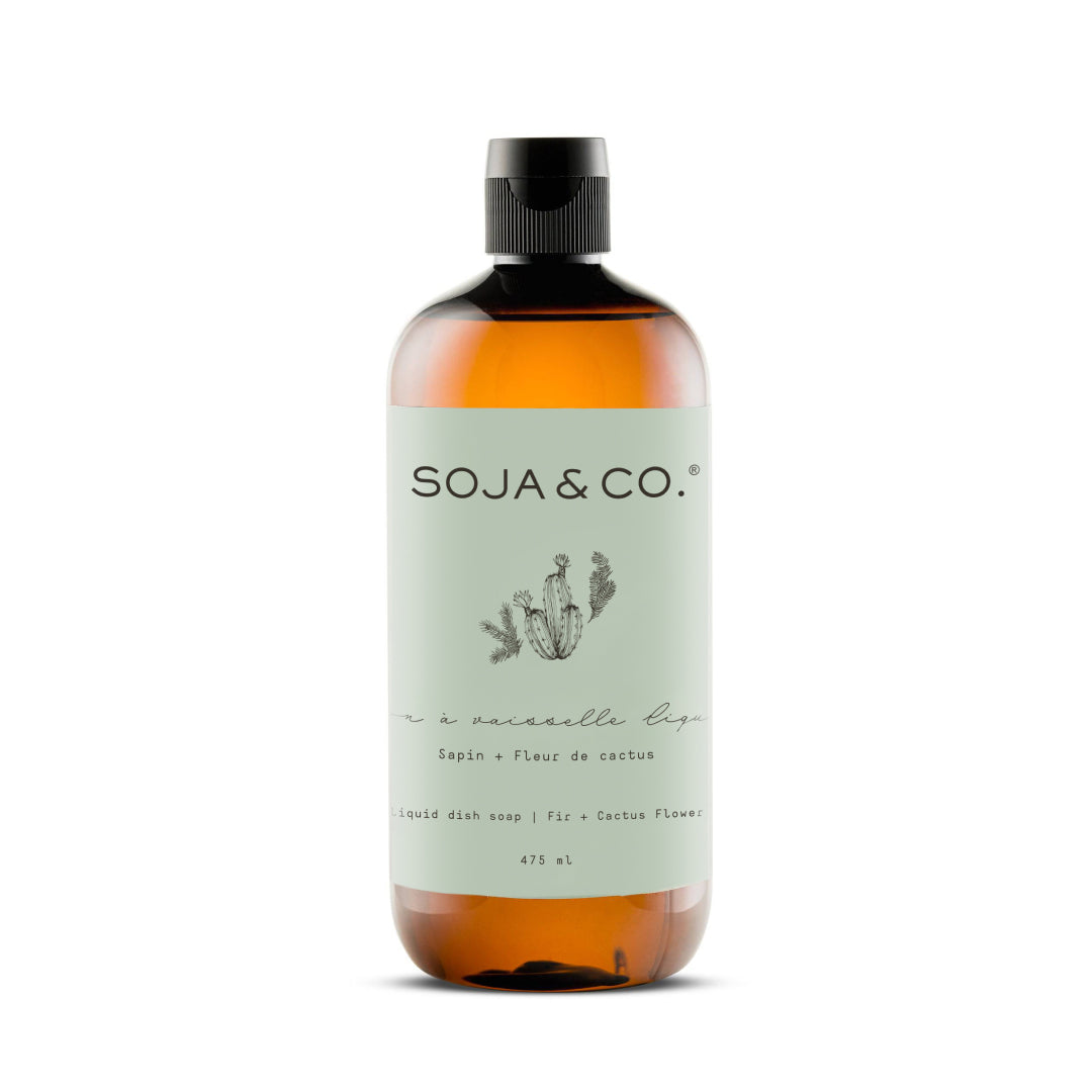Savon à vaisselle SOJA&CO., au parfum sapin et fleur de cactus, pot ambré réutilisable